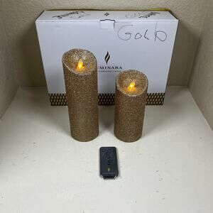 Luminara Flameless Moving Wick Pillar Candles w/remote - set of 2 - gold glitter